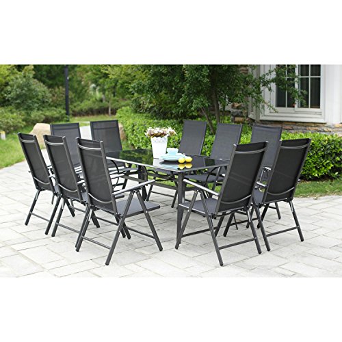 CONCEPT USINE - Salon de Jardin Aluminium - Ensemble Mobilier d'Extérieur : Table Rectangulaire Plateau en Verre + 10 Chaises Pliables et Inclinables - Gris - Design Rimini - Robuste Résiste à l'eau