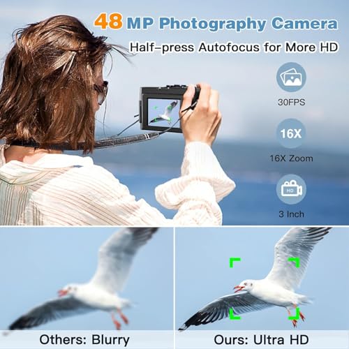Image of 4K Digital Camera, Autofocus, 48 Megapixels, 4K Resolution,HDMI Output, 16x Digital Zoom, 3-Inch Large Screen, Spare Battery 128 Gb (CAM30)