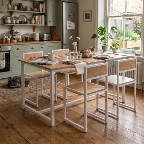 Image of FFO 4 Seater Dining Table Set for Home, Compact Space Saving Dining Table with 4 Chairs, Metal Frame & Engineered Wood Top, Modern Kitchen Table Set for Dining Room, Apartment & Small Spaces