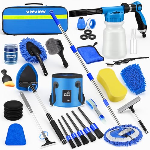 vioview 36Pcs Blue Car Wash Detailing KitCar Cleaning Set with Foam Gun SprayerLong-Handle Brush MopLarge Collapsible BucketComplete Car Wash Supply Gift for Men and Women