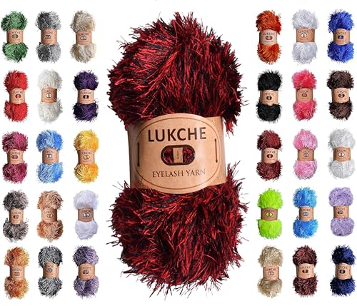 Image of Eyelash Fun Fur Yarn Premium 100% Polyester 164 Yds (150 Mt), 3.53 Oz (100 Gr) Colorful Crochet Yarn Dıy Hand Knitting. (Black Red, 1 Skein)