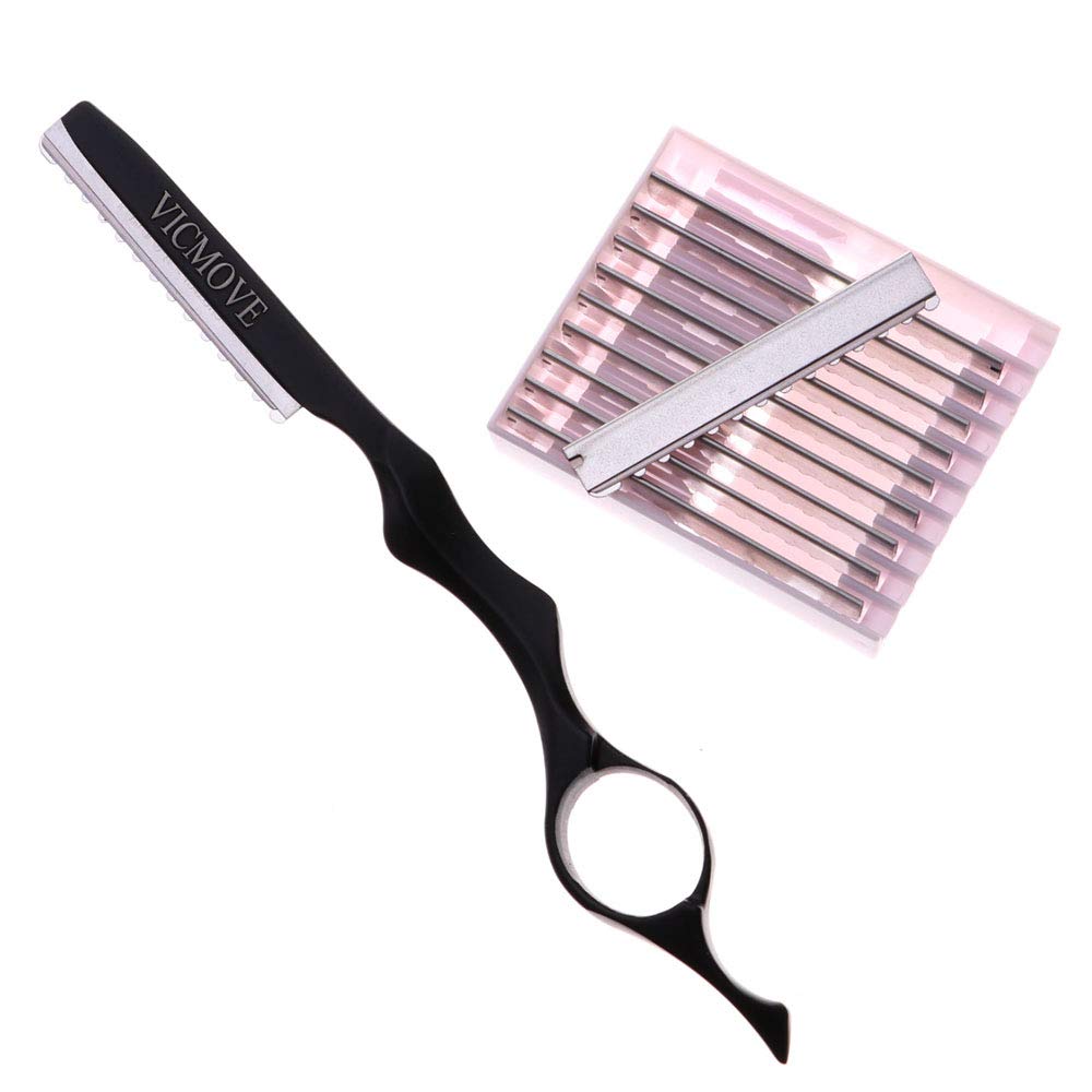 Professional Hair Styling Thinning Texturizing Cutting Feather Razor + 10 Replacement Blades Stainless Steel Black Color