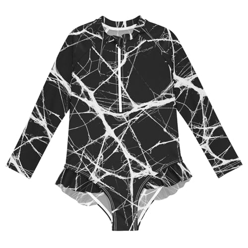 Girls One Piece Swimsuits Long Sleeve Swimsuit Zipper Bathing Suits Black Marble White Pattern