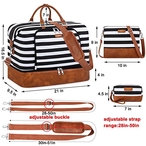 Image of Tibes Travel Weekender Bag for Women, Polyester Overnight Bag with Shoe Compartment Oversized Travel Duffel Bag Carry On Tote 21 inch, L-Black & White Strips, Large, Weekender Bag