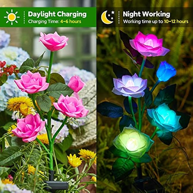 RECHOO Solar Garden Lights - 6 Pack Upgraded Garden Decor with 30 Rose Flowers, 7 Color Changing Waterproof Solar Flowers for Outside Yard Pathway Decoration