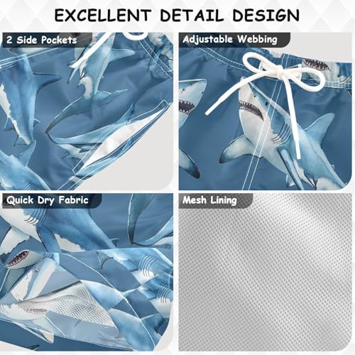 Pigsaly Boys' Swim Board Shorts Blue Angry White Shark Boy's Swim Trunks Kids Swimwear 4T3