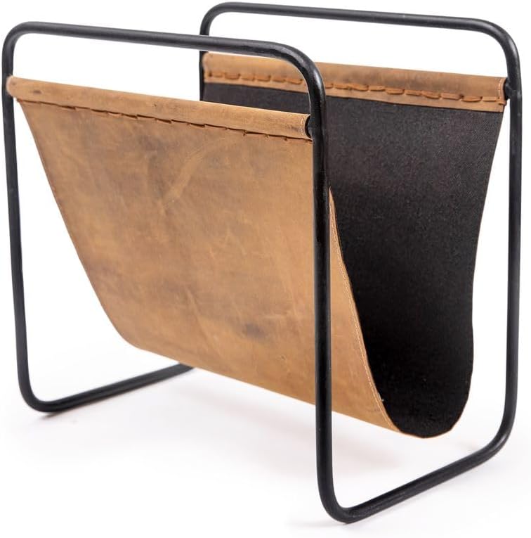 Sugarboo Suspended Leather Magazine Basket - Sleek and Open Storage Rack - Modern Farmhouse Home Accent Piece