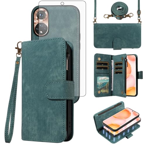 Asuwish Phone Case for Honor 50 5G/Huawei Nova 9 Zipper Wallet Detachable Magnetic Cover with Tempered Glass Screen Protector Crossbody Lanyard Strap Card Holder Slot Hawaii Nova9 Honor50 Women Blue