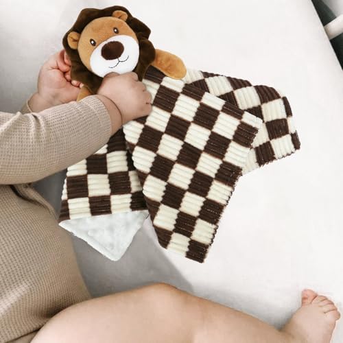 Image of Baby Security Blanket Lovey Lion Blanket for Boys Girls 14 Inch | Super Soft Checkerboard Gingham with Minky Dot Fabric Backing Stuffed Animal Lovely Snuggle Toy Shower Gift Brown