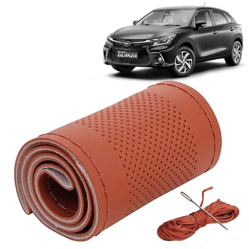 Image of KINGSWAY PU Leatherite Car Steering Cover Sewable Compatible with Toyota Glanza (Year 2022 Onwards), Tan Color with Tan Thread, Pack of 1 with Sewing Needle and Thread