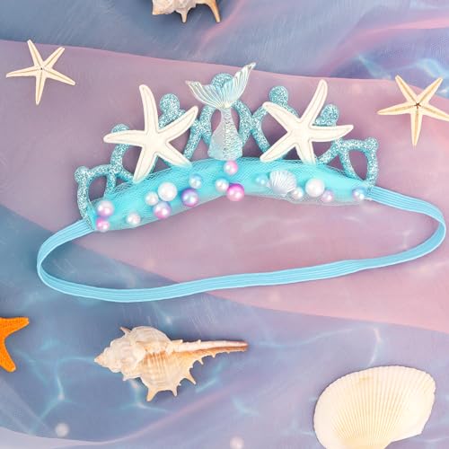 Blue Elastic Headband with Pearl Seashell Starfish Headbands with Veil Fishtails Soft Headwrap Hair Band Hair Accessories4
