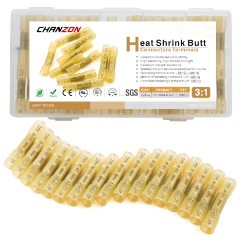 Chanzon 50pcs Heat Shrink Butt Connectors 2-10AWG Gauge Yellow
