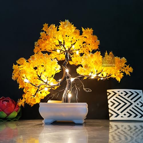 Image of Artificial LED Bonsai Tree with Lush Colorful Foliage in Elegant Plastic Pot | Artificial Plants with Pot | Indoor Plants | Home Decor Items (Yellow, 24cm)