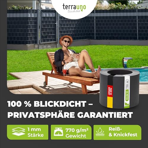 TerraUno Nachhaltige Sichtschutzstreifen für Doppelstabmatten, Polypropylen, Made in Germany, RAL 7016 Anthrazit, 26m x19cm Rolle, extra stabil, Lederoptik, Zaun Sichtschutz mit UV-Beständigkeit