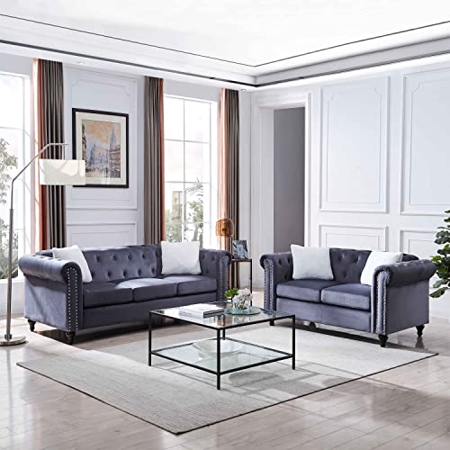 Aty 3 Piece Living Room Velvet Sofa Set, Include 3-Seater Couch, Loveseat And Single Chair, With 5 Pillows, Decor Of Button And Copper Nail On Arms And Back, Home Furniture, Light Gray #TOP1