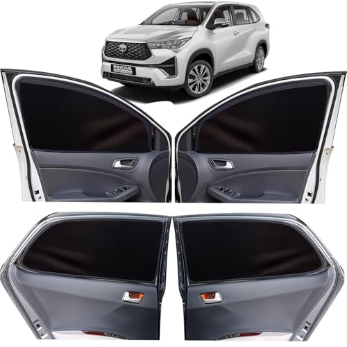 Image of OTO2EYE Car Sun Shade Compatible for Toyota Innova Hycross Model-2023 Onwards, Z-Black Super Magnetic Grip, Front Window Zipper, Side Window Curtains, 6 Pieces Set