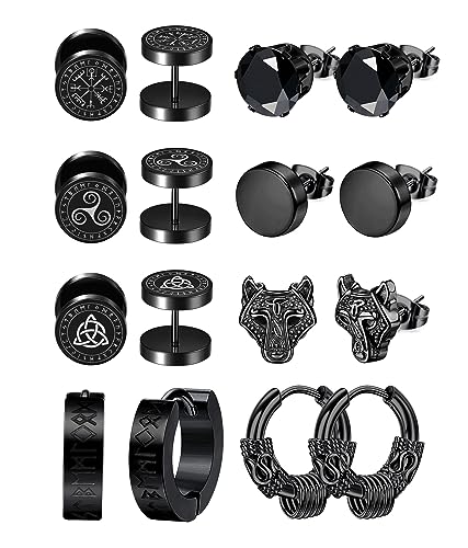 Morfetto 8 pares De Pendientes para Hombre Pendientes Vikingos Pendientes de Aro Huggie Vintage de Acero Inoxidable Pendientes Negros de Lobo para Hombres Joyería Vikinga Nórdica