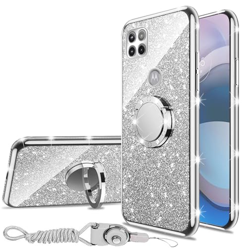 for Moto One 5G Ace Case (6.7-inch), for Motorola One 5G Ace (One 5G UW Ace) Phone Case with Ring Stand Lanyard Girls Women Men Cute Soft TPU Glitter Shockproof Protection Cover - Silver