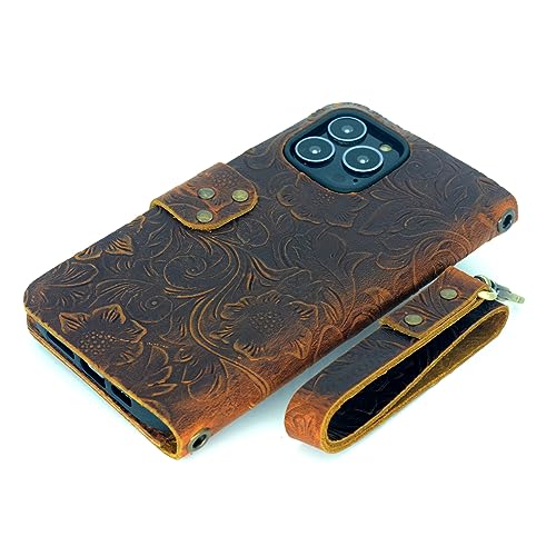 JJNUSA Leather Case Compatible with iPhone 15 Pro Max Handmade Genuine Distressed Leather Wallet Case Flip Cover with Wristlet Brown