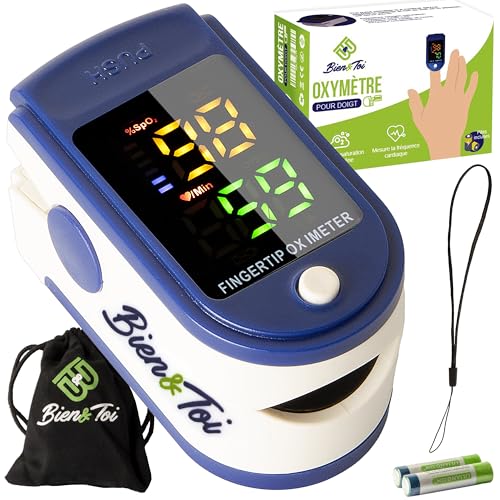 Oxymetre de doigt professionnel/écran à LED/saturometre de pouls/moniteur de fréquence cardiaque électronique/saturation en oxygène/capteur d&rsquo;oxygene/sac de transport/piles incluses/notice en Français