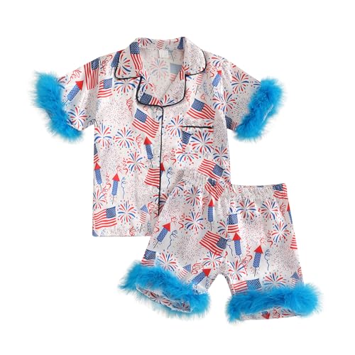 Toddler Girl 4th Of July Pajamas Cute Flag Short Sleeves Button Down Shirt Top Elastic Shorts Sleepwear