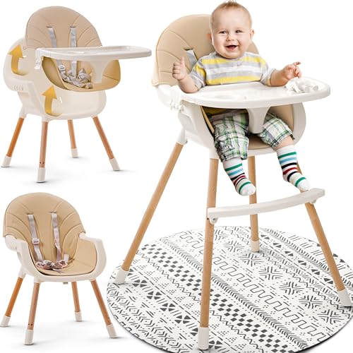 Image of 3-in-1 High Chair for Babies and Toddlers - Convertible Wooden Baby Highchair for Eating with Safety Belt, Foldable Baby Feeding Chair with 3-Position Removable Tray, Adjustable Legs (Beige)