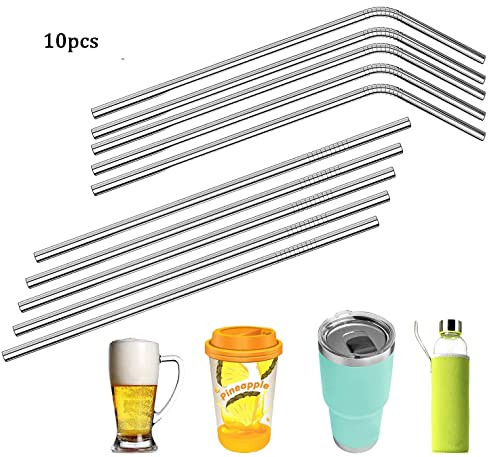 Kmigruan 10-Pack Reusable Stainless Steel Metal Straws - Long Drinking Straws For 30 Oz And 20 Oz Tumblers Yeti Dishwasher Safe - 2 Cleaning Brushes Included（Silver） #TOP2