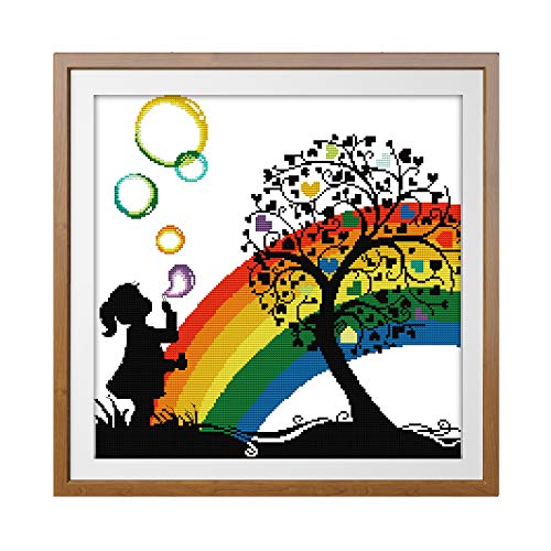Image of ITSTITCH Printed Cross Stitch Kits 11CT 20X20 inch Holiday Gift DIY Embroidery Starter Easy Patterns for Girls Crafts DMC Stamped Supplies Needlework Rainbow Bubble Girl