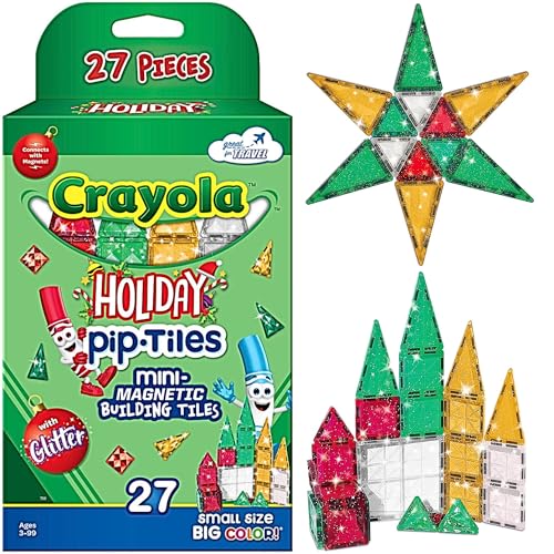 Image of CreateOn Crayola Holiday Glitter Mini PIP Magnetic Tiles, Magnetic Kids' Building Toys, STEM Learning Travel Toys for Boys and Girls, 27-Piece Set