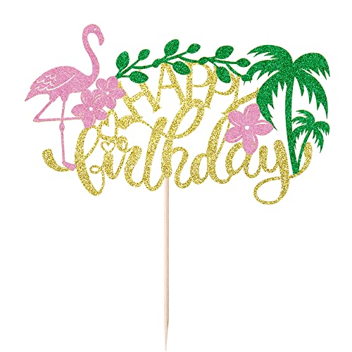 Wrackkiar Flamingo Happy Birthday Cake Topper-Tropical Hawaiian Luau Themed Party Decorate-Happy Birthday Cake Decoration #TOP1