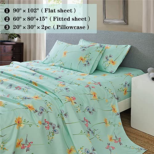 Image of JSD Green Floral Printed Queen Sheet Set Extra Deep Pocket | 4 Piece Soft Botanical Microfiber Sheets, OEKO-TEX Certified, Easy Care