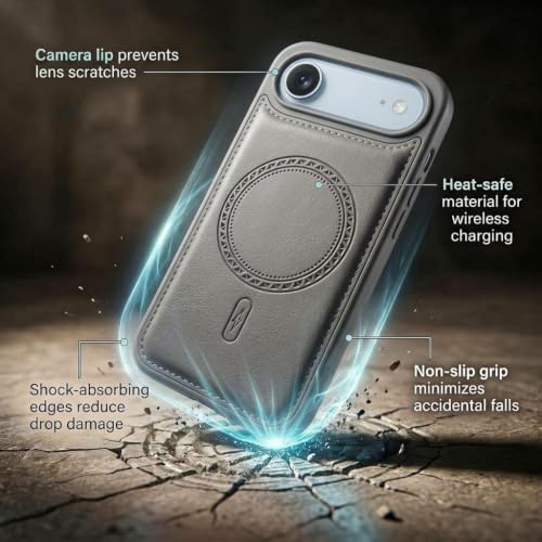 Image of amazon basics Premium PU Leather Case for iPhone 17 Air, MagSafe Compatible Magnetic Ring, Sleek Protective Back Cover - [Gray]