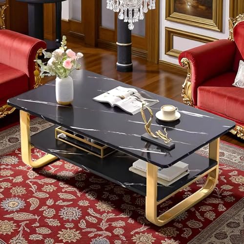 Image of Engineered Wood Coffee Table with Metal Base & 2 Tier Storage | Modern Rectangle Center Table for Living Room Sofa Set | Easy DIY Assembly (90 x 48 x 48 cm) (Gold Black)