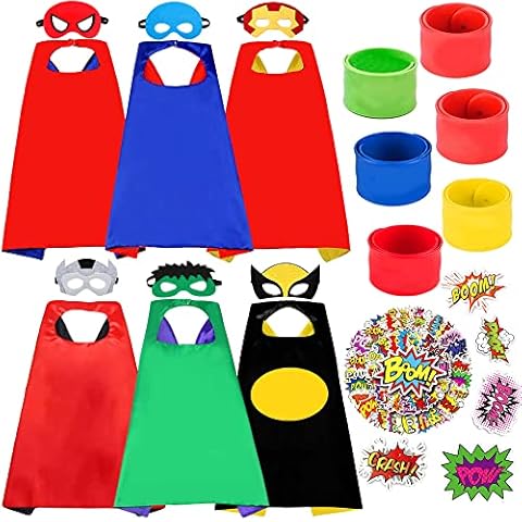 Lubibi Superhero Capes Dress up Costume for Kids,Kids Superhero Fancy Dress,Cosplay Superhero Disguise Role Play Costume, Halloween ,Christmas Gifts for Kids,6 Sets of Costumes with Masks, Bracelets Cover