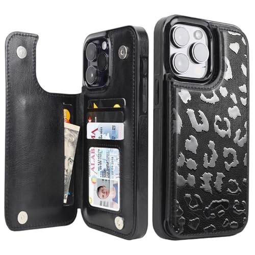 uCOLOR for iPhone 15 Pro Max Wallet Case with Card Holder Black Leopard