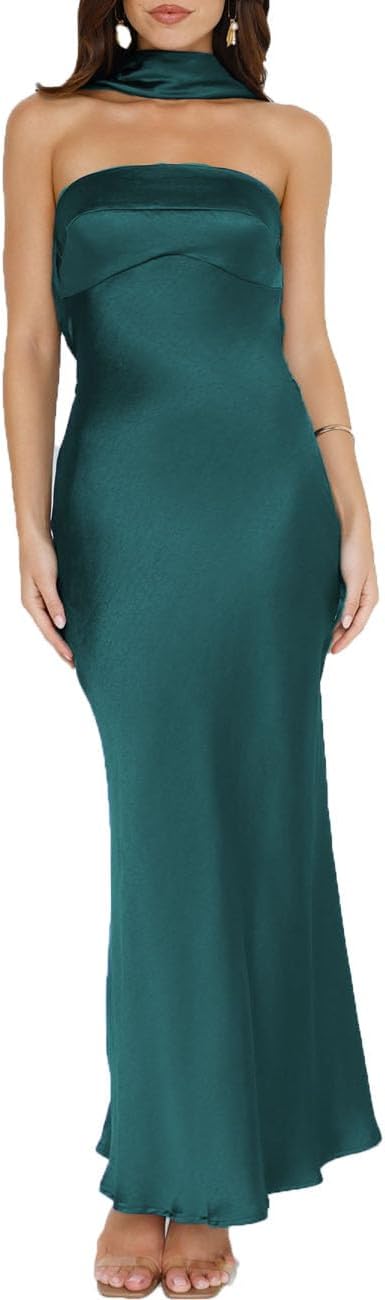 Women's Summer Satin Strapless Tube Top Maxi Dress Elegant Silk Backless Halter Neck Formal Party Dresses Wedding Guest