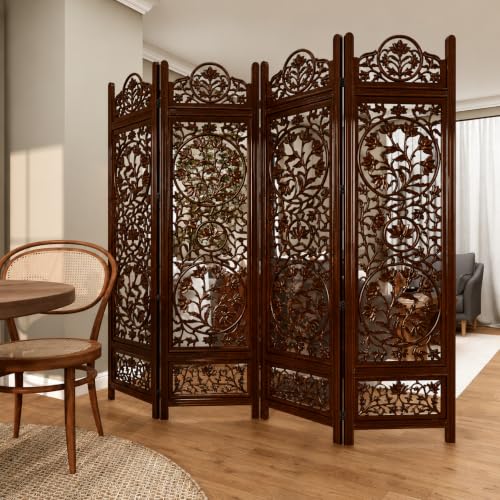 Image of Handcrafted Wooden Room Divider 4 Panel Foldable Privacy Screen, Carved Decorative Partition for Living Room, Bedroom, Office, Home Decor, Brown Finish, (72 x 80 Inch)