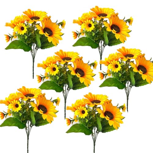 Lot de 6 fleurs artificielles tournesols en plastique avec tiges pour mariage, fête prénuptiale, anniversaire, décoration de jardin, plantes artificielles...