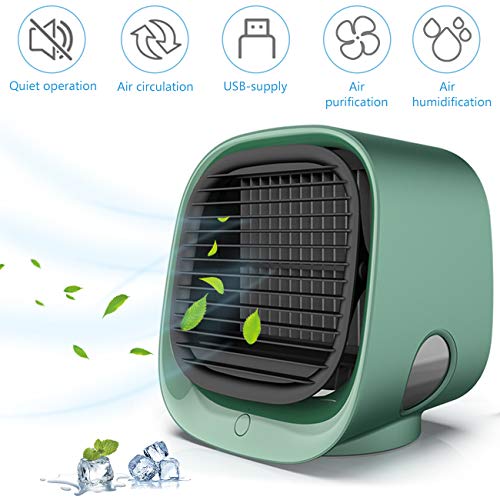 The Perseids - Mini Enfriador de Aire, 4 en 1 Aire Acondicionado Portátil, Ventilador USB Purificador Humidificador Luces Nocturnas LED, con 3 Velocidades Ajustable para Casa/Oficina, Verde