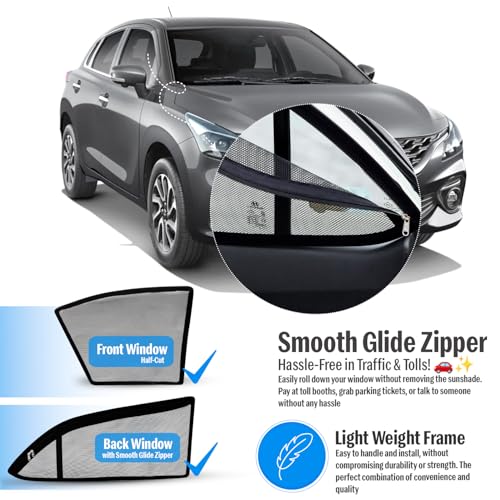 Image of Autofact Magnetic Car Sunshades Compatible with Maruti Baleno New (2022 to 2024) (Set of 4) - Easy Installation, UV Protection (Front 2 Half-Cut for Side Mirror Visibility, Rear 2 with Zippers)