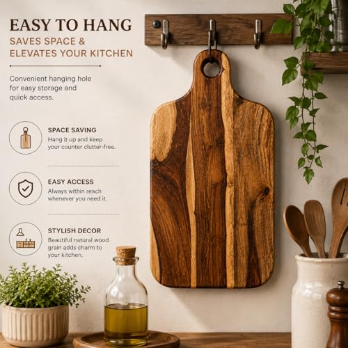 Image of Handcrafted Wooden Chopping Board for Kitchen | Cutting Board & Serving Platter | Food Safe Wooden Board for Vegetables, Fruits, Cheese & Bread | Multiple Designs (Paddle Handle, Sheesham Wood)