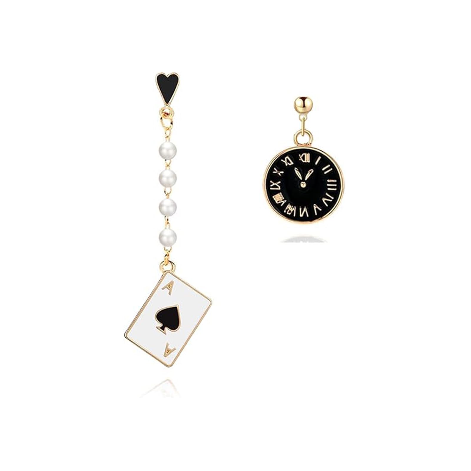 Queen of Hearts Earrings for Women Asymmetric Clock Poker Rabbit Dangle Earrings Red Heart Poker Drop Earring Queen of Hearts Costume Accessories Trendy Jewelry for Women