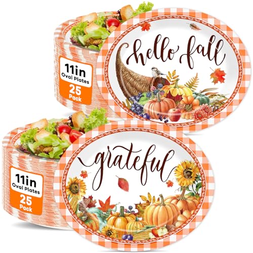50 PCS Thanksgiving Paper Plates Fall Oval Paper Plates Pumpkin Orange Plaid Disposable Supplies Harvest Rustic Farmhouse Tableware Autumn Oval Dinnerware Set for Dinner Kitchen Party Decorations