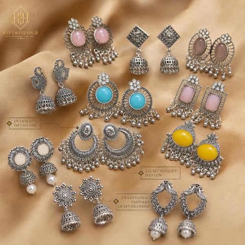 12 Pairs Oxidised Silver Earrings Set with Organizer Box - Image 7