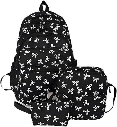 Bow Backpack For Women,3pcs Set Cute Kawaii Backpacks Set，Nylon Backpack With Bow Pattern (Black-01)