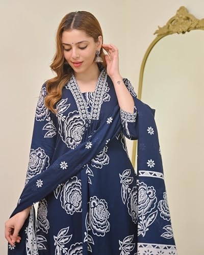 Image of Klosia Women Printed A-Line Kurta and Pant Set with Dupatta | Printed Kurta Set | A-Line Kurta Set | Women Kurta Sets | Summer Suit |