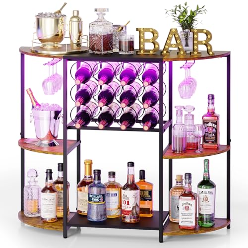 JKsmart Wine Bar Cabinet with LED Lights Wine Rack with Storage and Glass Holder Home Mini Bar Cabinet for Liquor 3 Tier Coffee Bar Storage for Kitchen Dining Room Living Room Rustic Brown