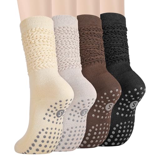 Jspupifip 4 Pairs Grip Pilates Socks for Women Non Slip Yoga Slouch Socks with Grips for Barre Workout Hospital Long Scrunch Slipper Sock