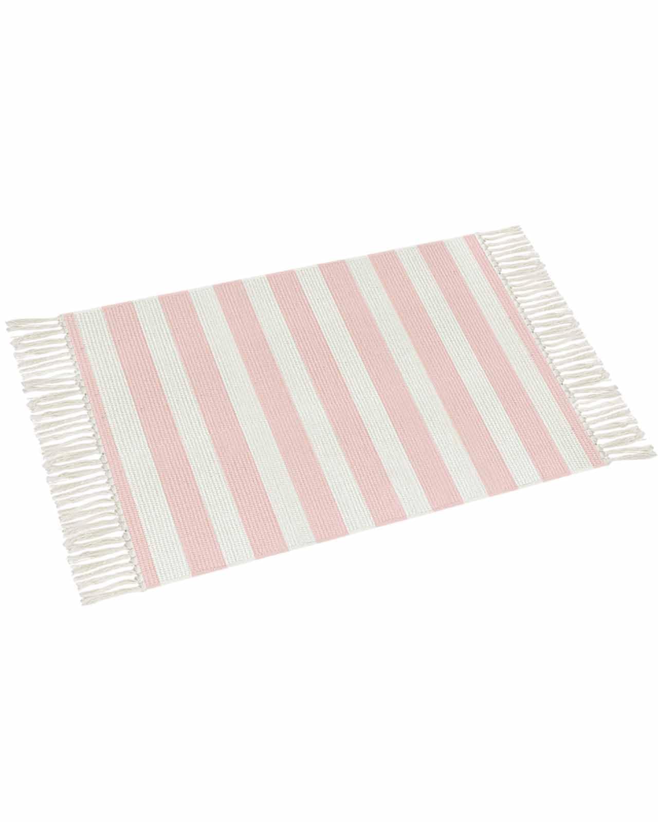 Pink Stripes Bathroom Rug 2'x3', Woven Cotton Area Rug with Tassels Washable Front Door Rugs, Farmhouse White Simple Vertical Striped Non Slip Throw
