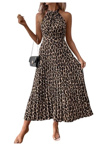 Floerns Women's Cheetah Print Halter Dress Sleeveless Leopard Pleated A Line Maxi Dresses